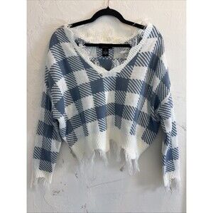 Women’s Size Medium Oversized Cozy Chic Plaid Sweater Fringe Hem Boho Preppy